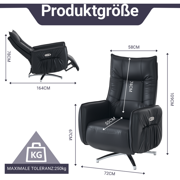 HOME NATURE WOHNKONZEPT Elektrischer Relaxsessel mit USB-Anschluss, elektrisch verstellbarer TV-Sessel mit Liegefunktion, Kunstleder Schwarz, bis 350 kg, FT9208 – Bild 2