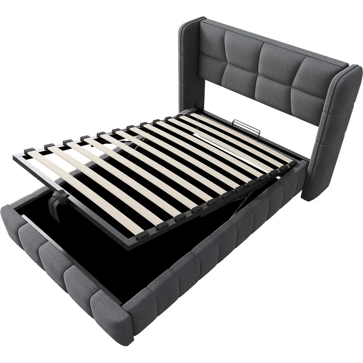 EINHOM Polsterbett 90 x 200 cm, Kinderbett mit Lattenrost, Kopfteil und Pneumatischem Stauraumsystem, Leinenrahmen, Geeignet für Kinder und Jugendliche, Grau, (Ohne Matratze) – Bild 5