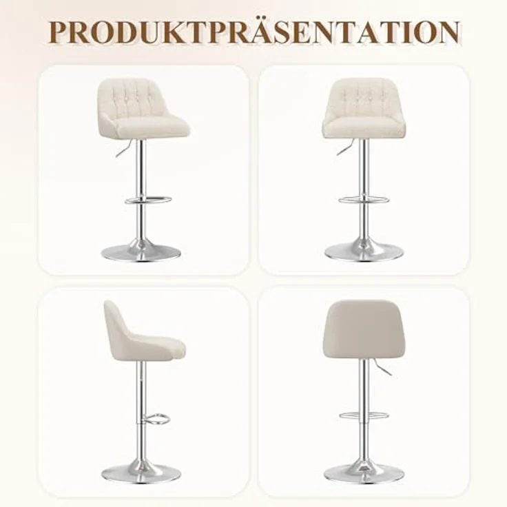 MALOL 360° Drehbarer Höhenverstellbarer Barhocker, Bar Hocker 4er Set mit Rückenlehne, Moderner Küchenhocker mit Metallfuß für Theke, Esszimmer, Barstuhl mit Kombination aus Leder und Bouclé, Beige – Bild 10