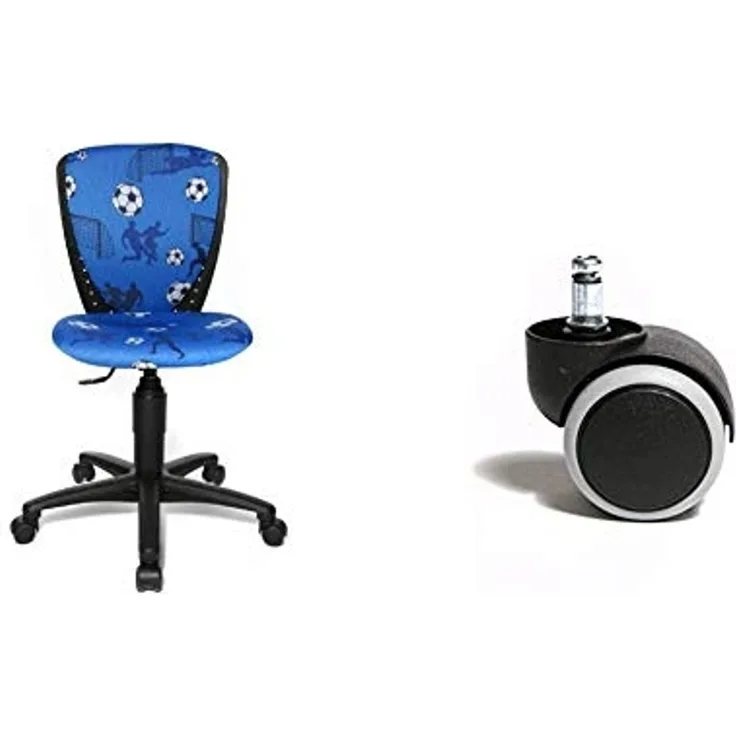 Topstar S'cool 3, Kinderdrehstuhl, Schreibtischstuhl für Kinder, Bezugsstoff blau, Motiv Fußball & 6991 Rollenset, Hartbodenrollen für Bürostuhl, Rollenset = 5 Rollen für Schreibtischstuhl, schwarz