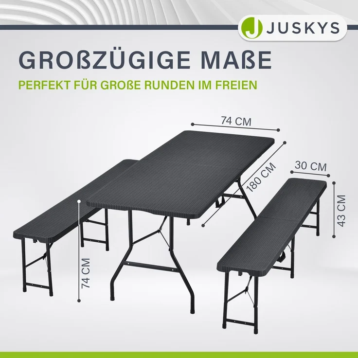 Juskys 'Bayreuth' Bierzeltgarnitur, 3-teilig, Klappbar, Kunststoff, 180 x 74 x 74 cm, Schwarz – Bild 3