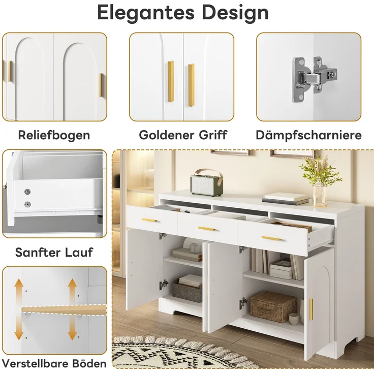 DESVIAE Sideboard Weiß aus MDF – 140x83x40 cm – 3 Schubladen, 4 Türen – Bild 4