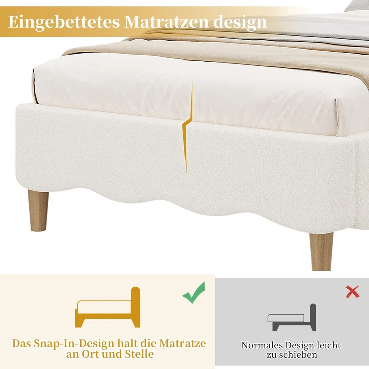 Merax Polsterbett, Einzelbett, Kinderbett 90 x 200cm, Bett mit Lattenrost und Kopfteil, Bettbeine aus Massivholz, gepolstertes Kopfteil, bouclé, Weiß – Bild 6
