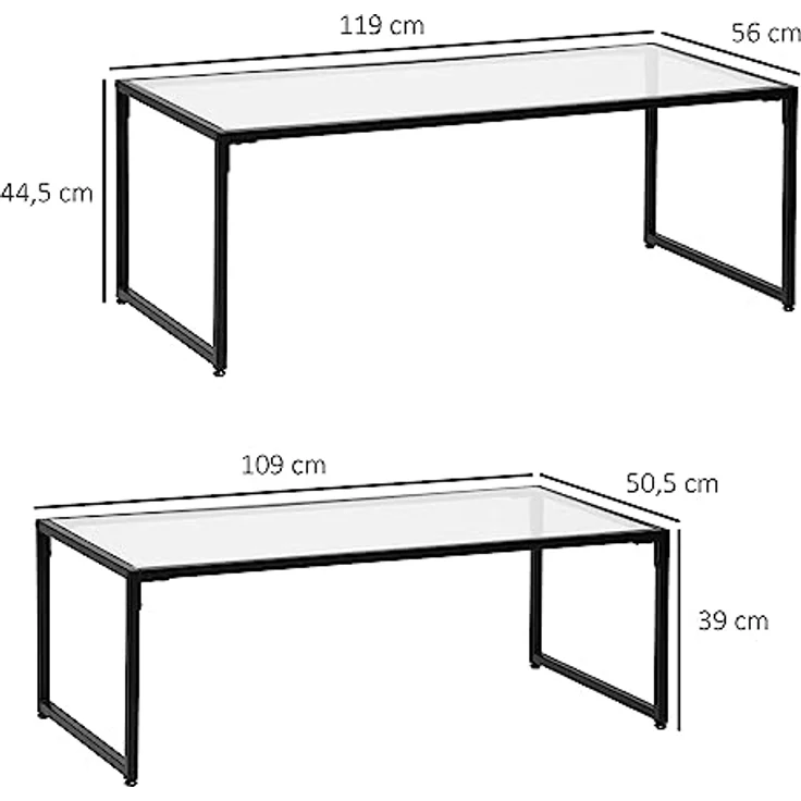 HOMCOM Couchtisch-Set, Transparentes Glas und schwarzes Metall, 2-teilig, stapelbar, 56x44,5x119 cm – Bild 3