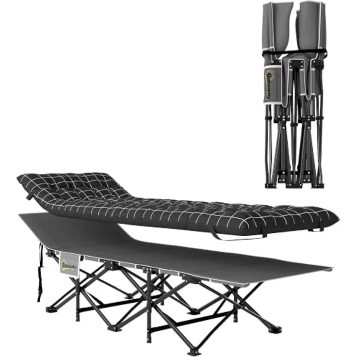 Outsunny Feldbett Campingbett 190 x 67 x 37 cm Gästebett bis 150 kg (mit dicker und weicher Matratze zum Schlafen, 1-St, mit rutschfesten Füßen) Seitentasche und Tragetasche, Schwarz