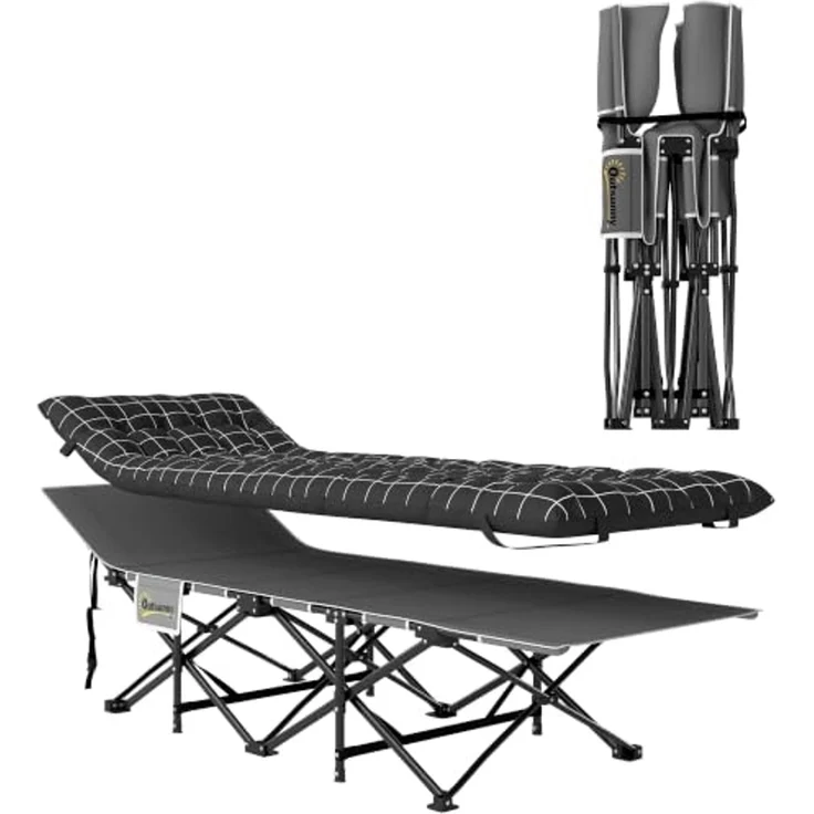 Outsunny Feldbett Campingbett 190 x 67 x 37 cm Gästebett bis 150 kg (mit dicker und weicher Matratze zum Schlafen, 1-St, mit rutschfesten Füßen) Seitentasche und Tragetasche, Schwarz – Bild 1