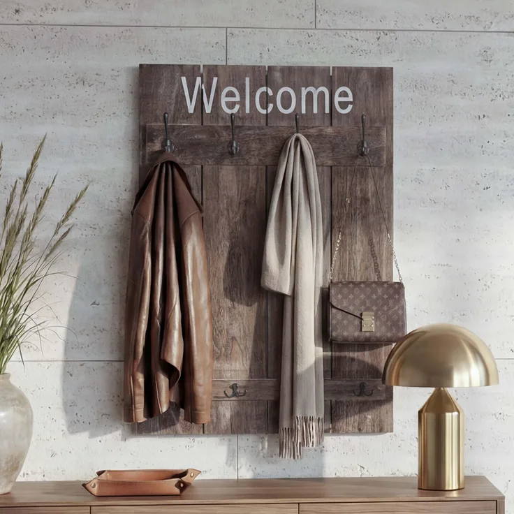 Wandgarderobe HWC-C89 Welcome, Garderobe Garderobenpaneel, Shabby-Look Vintage, 91x60cm ~ braun, shabby