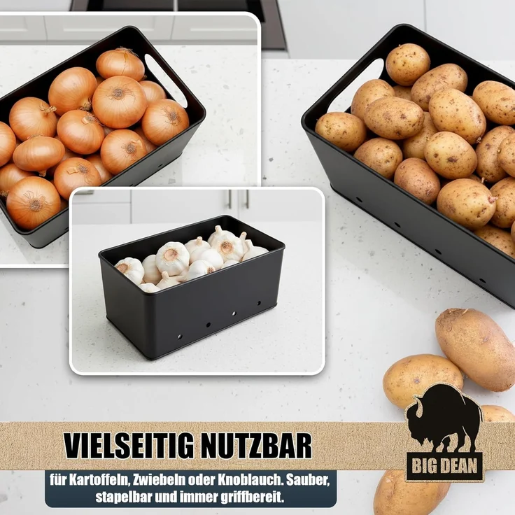BigDean Kartoffelkiste 3er Set Kartoffel Aufbewahrungsbox für Kartoffel, Zwiebel & Knoblauch (Set, 6 St, Gemüseboxen), Stapelbar, Robuster Verzinkter Stahl, Belüftet, Rutschfest – Bild 5