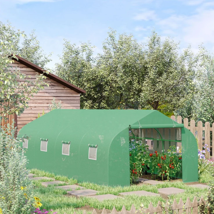 MELAYR, Gewächshaus ca. 6 x 3 x 2 m Foliengewächshaus mit Rollbar Reißverschlusstür 8 Netzfenster Stützstangen, Grün – Bild 3