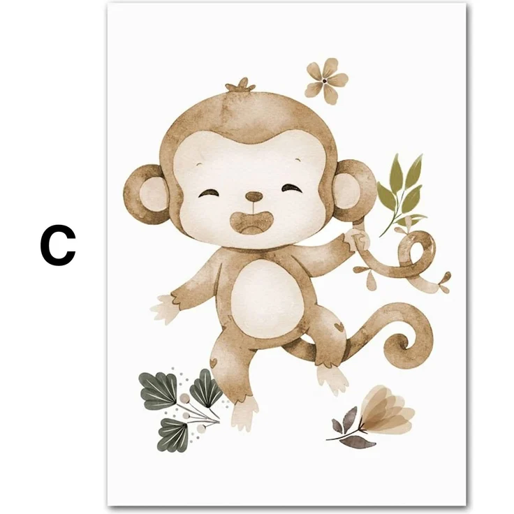 Poster Kinder süße Tiere im Boho Stil Nilpferd Elefant Löwe Regenbogen Sonne und Mond als Deko Print ohne Rahmen - C / 30X40cm
