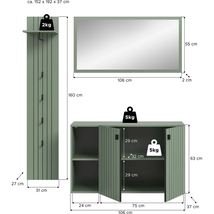 Garderobenkombination (B/H/T: 152x192x37 cm) in Smoke Green Nachbildung – Bild 4