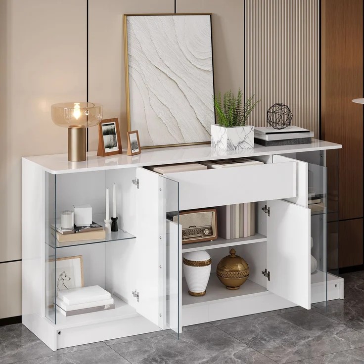 Sideboard 150 x 40 x 75 cm aus Spanplatte in Weiß Hochglanz mit Glasvitrinen und App-gesteuerter LED-Beleuchtung – Bild 3