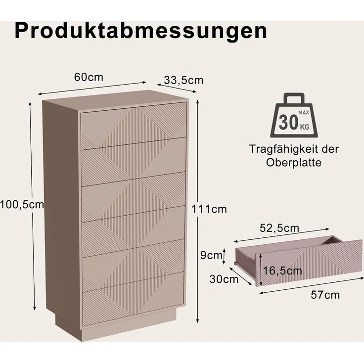 UEV Kommode mit 6 Schubladen, Kommodenschrank Sideboard schmal (Moka), Sideboard Schubladenschrank Push to Open, Mehrzweckschrank für Wohnzimmer Schlafzimmer Flur Büro 60x33,5x111cm--Mokka--60x33.5x111cm--YOUDENOVA – Bild 3