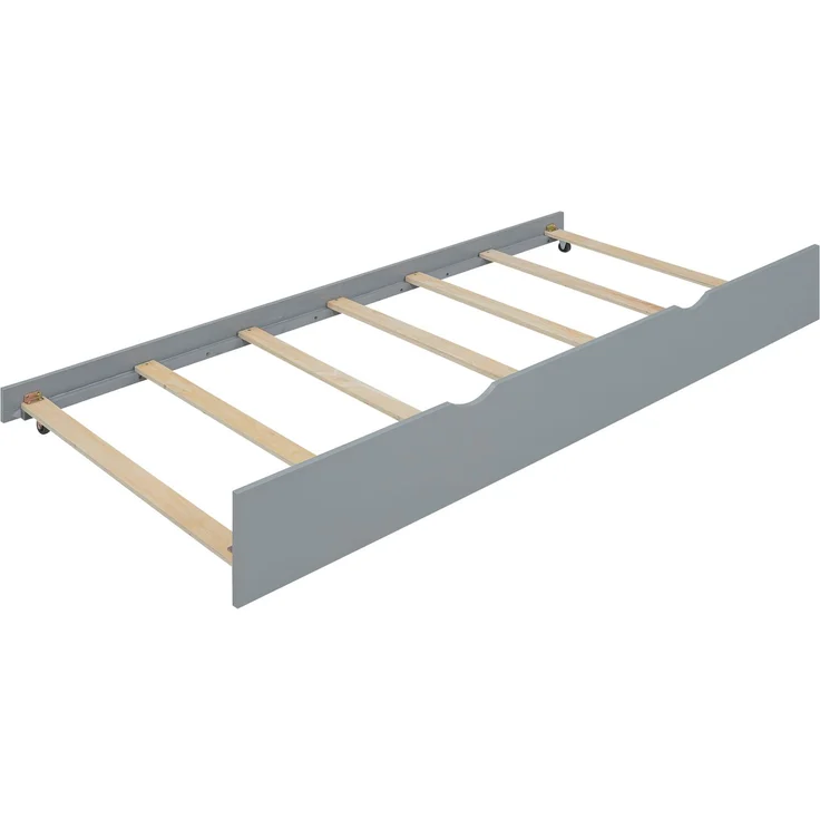 Kinderbett 90x200 cm mit ausziehbarem Rollbett, Schreibtisch & seitlichen Regalen, Funktionsbett aus Kiefernholz Grau – Bild 10
