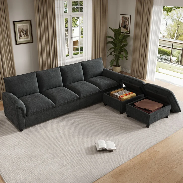 ZUBALIYA Ecksofa 64x46.5 cm, mit Stauraum, mit Ablageflächen, mit Chenille - Bezug, mit breiten Armlehnen, Schwarz – Bild 7
