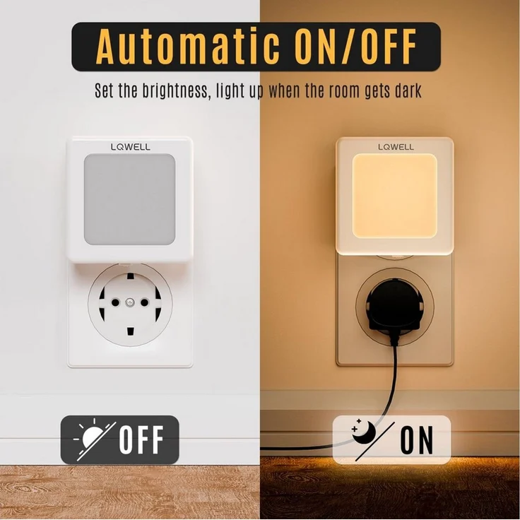LQWELL LED Steckdosenleuchte Nachtlicht Steckdose Faltbar mit Dämmerungssensor, LED fest integriert, Nachtlampe Einstellbare Helligkeit, Automatisch Steckdosenlicht, Orientierungslicht Warmweiß, Bewegungsmelder, 1/2/3 Stück LED Nachtlicht Kinder – Bild 4