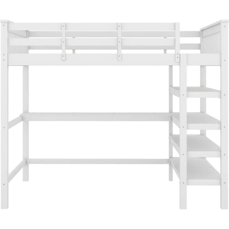 Hochbett 140x200 cm Kinderhochbett mit Schreibtisch, Ablagefächern, Kiefernholz + MDF, weiß, sichere Leiter – Bild 7