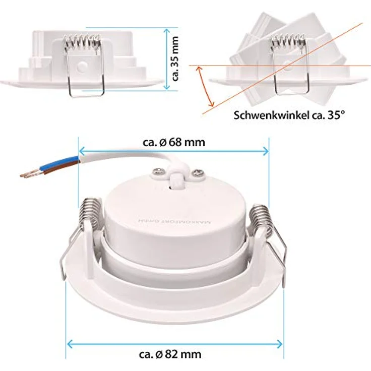 Maxkomfort K O M F O R T - 6x LED Einbaustrahler Ultraflach, schwenkbar, 5 Watt, rund, warmweiß, IP20, 230V – Bild 4