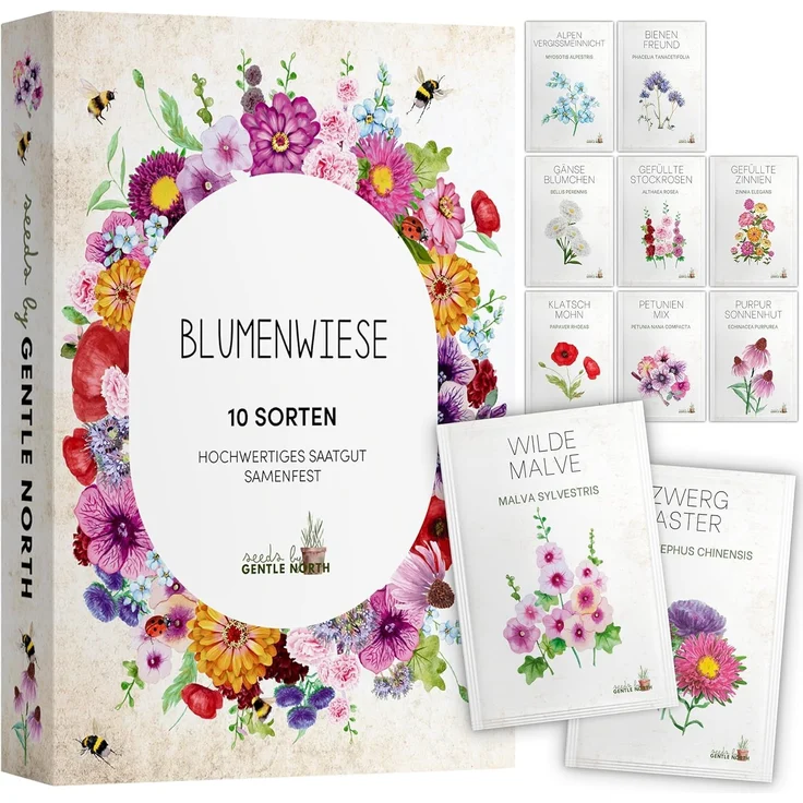 Blumen Samen Set - 10 bunte Blumensamen Sorten für den Garten oder Balkon, die Bienenweide und Wildblumenwiese - Blumenwiese Samen - bunte Wildblumensamen Mischung
