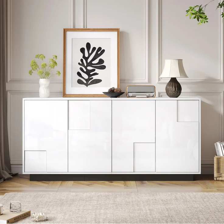 DESVIAE Sideboard mit 4 Türen und Push-to-Open 160x75,5x37 cm Spanplatte Weiß/Schwarz – Bild 3
