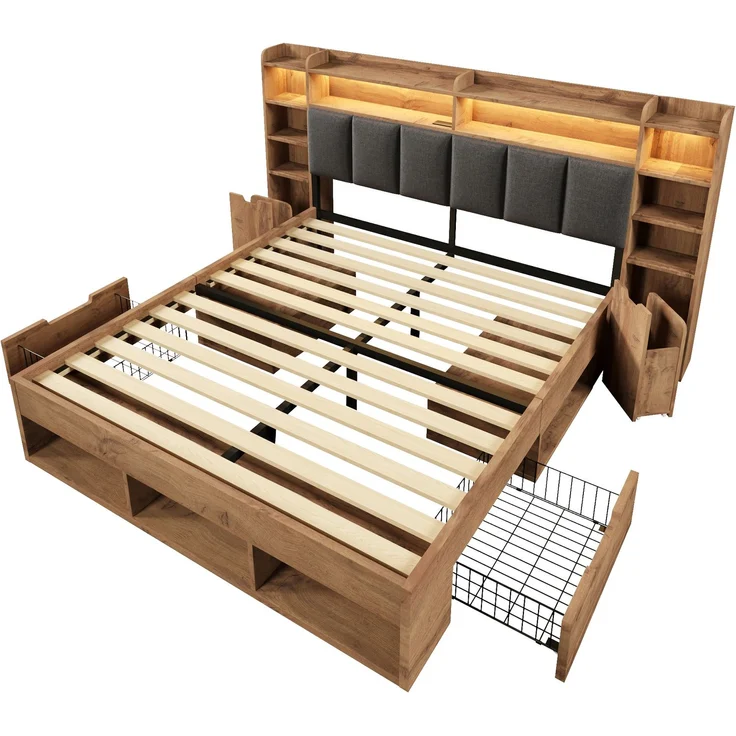 Merax 180x200 cm Doppelbett, Polsterkopfteil mit LED-Beleuchtung, Nachttische mit USB- und Type-C-Anschlüssen, Stauraum und Rollschubladen, Lattenrost aus Holz, Eichefarbe – Bild 8