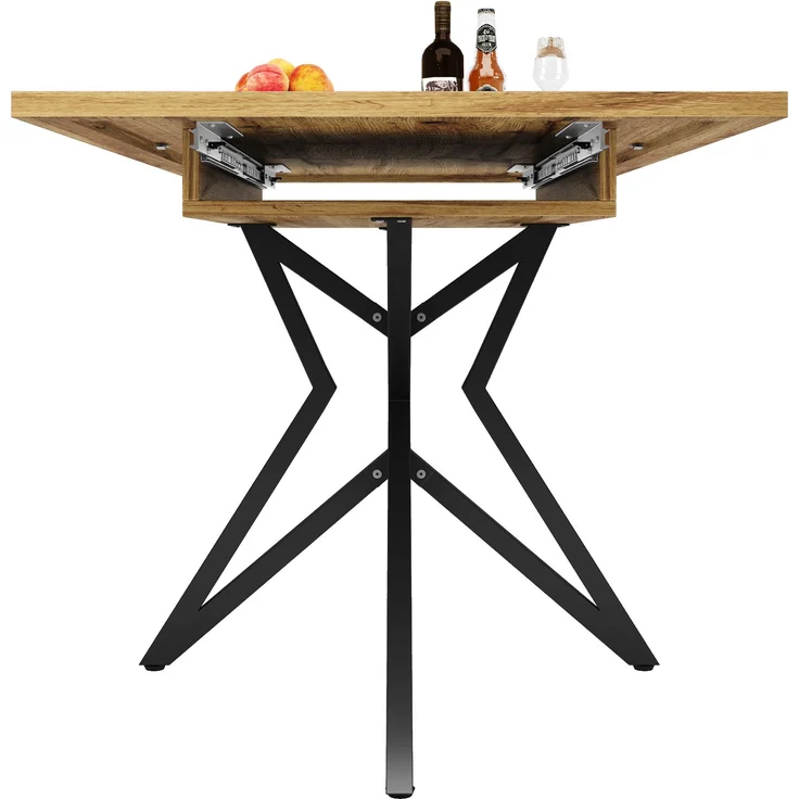 Ausziehbarer Esstisch 120 (160) x 80 cm, ausziehbarer Küchentisch, Frühstückstisch, sternförmige Tischbeine, schwarze Eisenbeine, Tischplatte aus Walnussholz/Marmorimitat – Bild 7