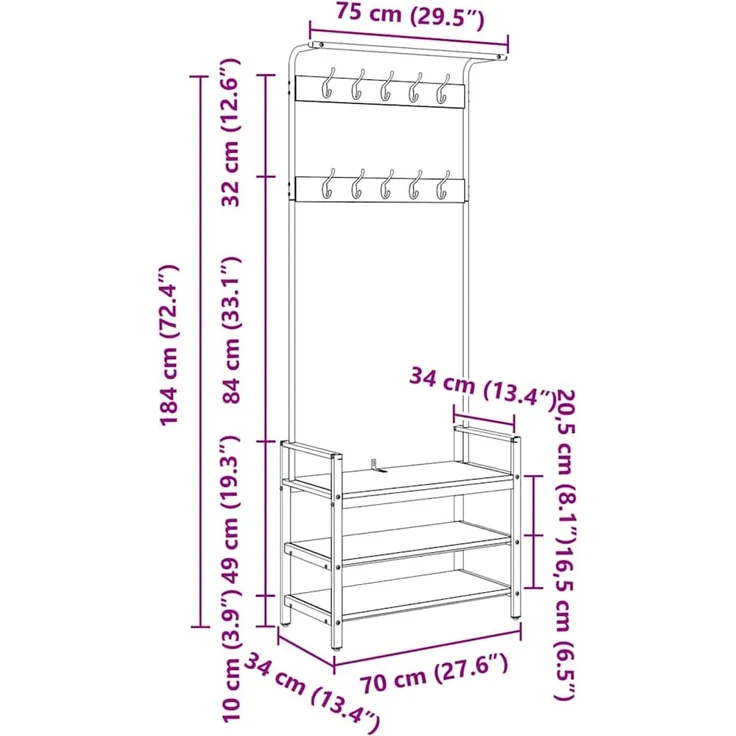 vidaXL Garderobenständer 75 x 34 x 184 cm Sonoma-Eiche Holzwerkstoff 879954 – Bild 12