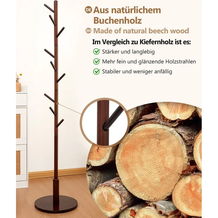 Yorbay Garderobenständer aus Buche Massivholz, Kleiderständer Baumform mit 9 Haken, 38 x 179 cm, Verstellbar Garderobenständer für Jacken, Hüte, Taschen, Braun – Bild 2