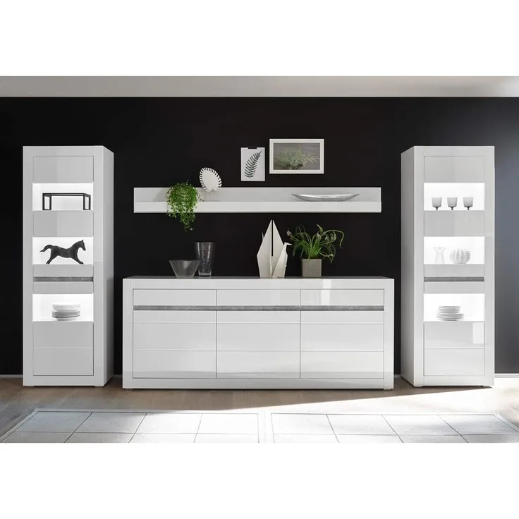 Lomadox Wohnwand COGO-61, (2-St), mit Vitrinen inkl. LED und Sideboard in weiß Hochglanz 369 x 198 x 42 cm
