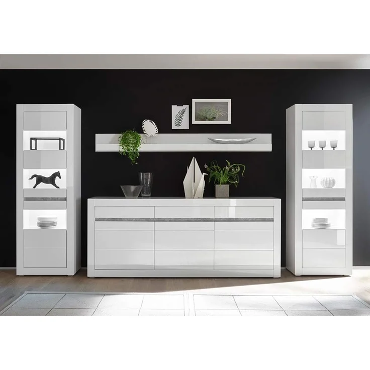 Lomadox Wohnwand COGO-61, (2-St), mit Vitrinen inkl. LED und Sideboard in weiß Hochglanz 369 x 198 x 42 cm – Bild 1