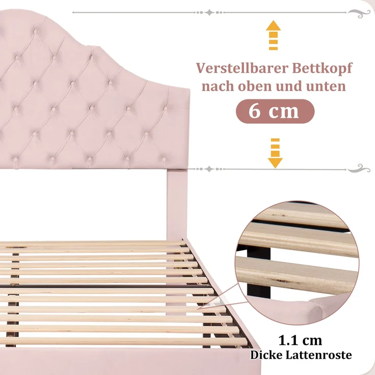 Polsterbett 203*140*118-124cm mit höhenverstellbarem Kopfteil, attenrost und Samtbezug,Rosa – Bild 6