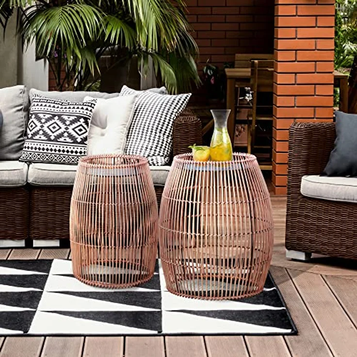 Teamson Home Gartenmöbel, Kleiner Runder Patio Beistelltisch Pflanzenständer aus Bambus Wicker mit Metallplatte, Wetterbeständig, Braun – Bild 5