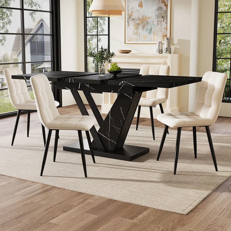 Esstisch ausziehbar 120–160x75x75,5 cm, stilvoller Tisch mit Marmor-Dekorplatte, stabilem Metallrahmen für Küche & Wohnzimmer, 75.5cmx120-160cmx75cm, Schwarz – Bild 2