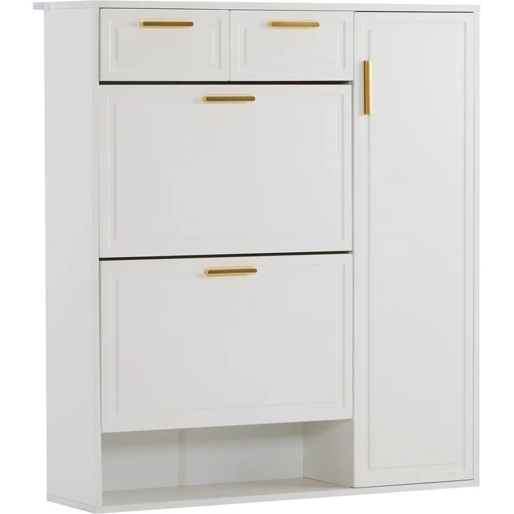 Merax Moderne Schuhschrank, mit verstellbaren Regalen, goldenen Griffen, Schubladen, Klappschuhschrank und Türen, weiß, B95/D24/H107.5 – Bild 9
