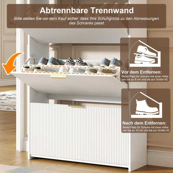ZUBALIYA Schuhschrank (80 x 25 x 135 cm), 3 Klappfächer und 2 Schubladen, Aus Spanplatte, Stauraum für Flur und Eingangsbereich, Weiß – Bild 8
