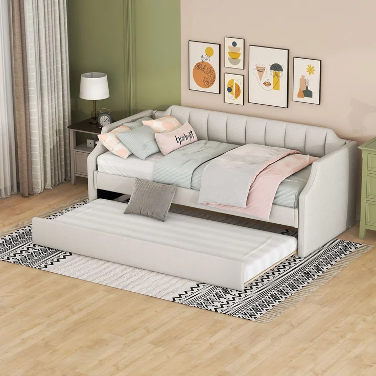 90 x 200(190) DAY-Betten, Gepolstertes Einzeltagesbett mit Rollbett, Beige – Bild 1