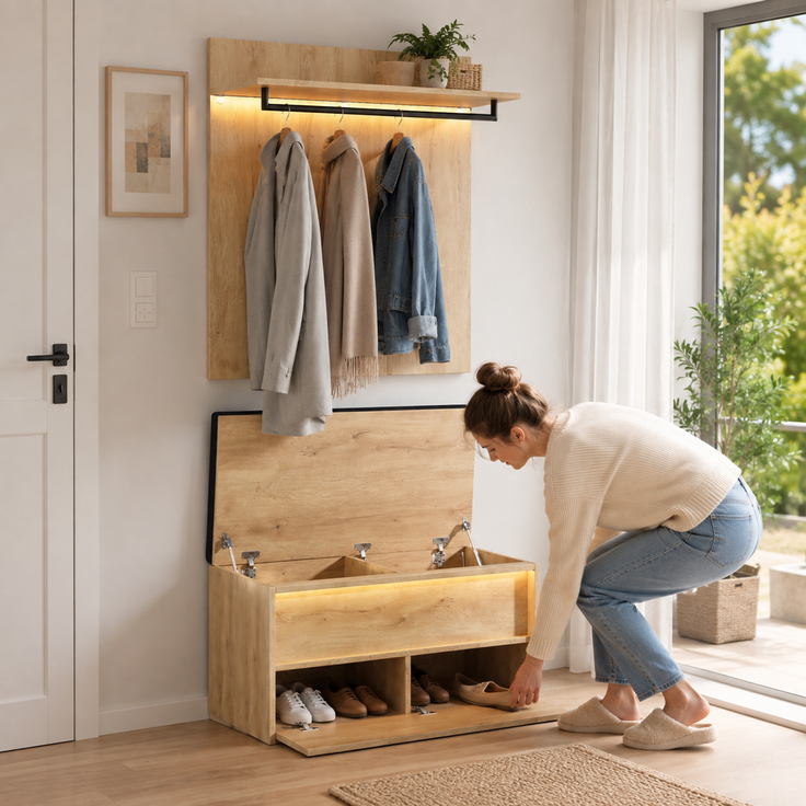 Schuhbank Wandgarderobe Set, Eingangsgarderobe, Sitzbank, mit Garderobe und Schuhbank (2-St), mit 2 LED-Beleuchtung, 1 Kissen, 1 Kleiderstange, 90 x 47 x 145 cm, anthrazit-eiche--Holz--90x47x145cm--YOUDENOVA – Bild 3