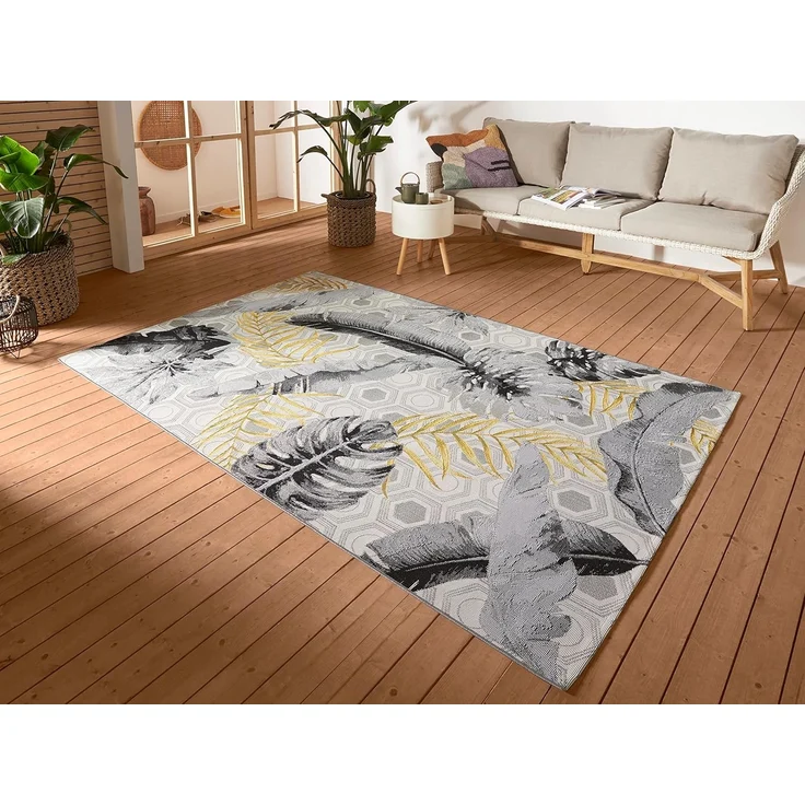 Hanse Home Gold Leaves In- & Outdoor Teppich – Flachgewebe Geometrisches Muster, Tropical Jungel Floral Palmen Design, ÖKO-TEX Wetterfest & UV-beständig für Balkon, Terrasse, Garten - Bunt, 80x165 cm