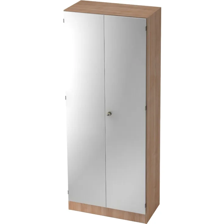 bümö office Kleiderschrank Holz abschließbar mit Spiegel, Büroschrank 80 cm breit in Nussbaum/Silber - Flur Schrank als Garderobe für Jacken, Taschen & Co. im Arbeitszimmer - Büro Schrank, 6200-N-S-SG