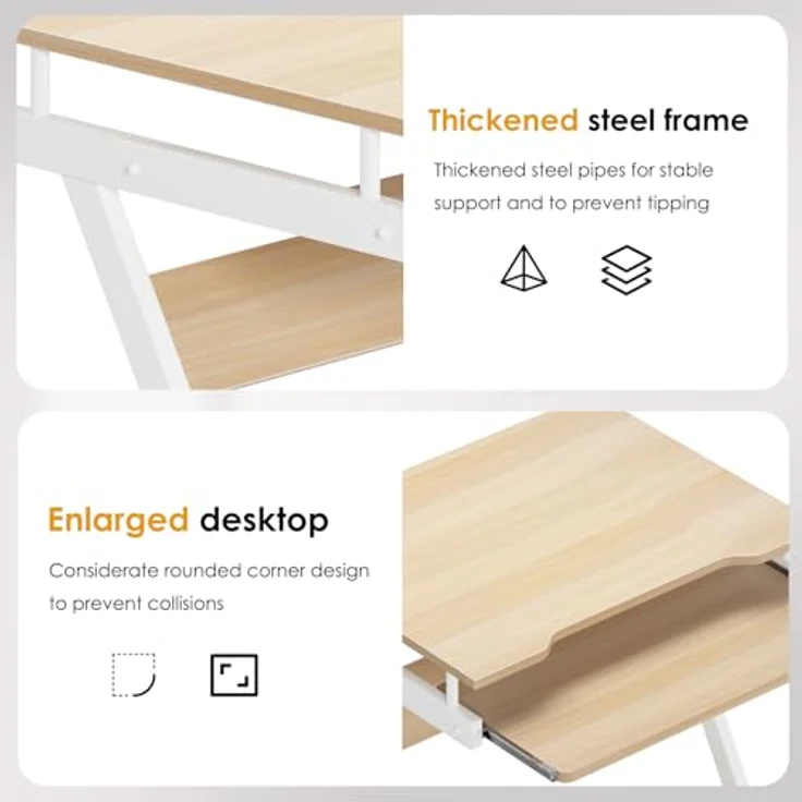 SogesHome Schreibtisch Klein Computertisch mit 4 Rollen 2 Davon mit Bremsen PC-Tisch in Z-Form mit Tastaturauszug für Zuhause und Büro, 60x48 cm – Bild 6