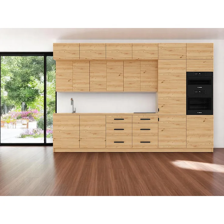 XXXL Küchenzeile Langen 360 cm, Eiche Artisan, Metall, Küchenblock ohne Geräte, Push-to-Open, 15-teilig