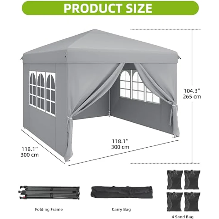YITAHOME Pavillon mit Seitenwänden, 3x3 m wasserdichte zusammenklappbares Garten Vordach, Ganzjahres Camping Pavillon UV-Schutz mit Heringen,Seil,Tragetasche,Gewichtsbeuteln Veranstaltungen,hellgrau – Bild 7