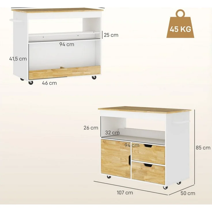 HOMCOM Servierwagen Servierwagen mit Arbeitsplatte, Schubladen, (Rollwagen mit Küchenschrank, 1 St, Kücheninsel), mit offenem Fach für Büro, 107x50x85cm, Eiche – Bild 2