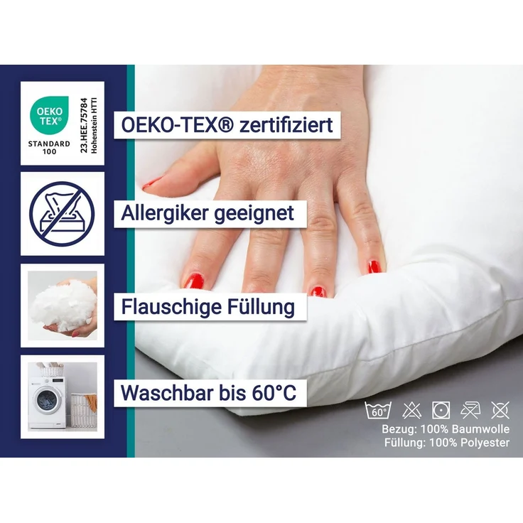 ZOLLNER Kopfkissen, Füllung: 50% Faserbällchen silik. PES-Hohlfaser, 50% Polysticks, Bauch-, Seiten-, Rückenschläfer, 60x80 cm, 100% Baumwolle, vom Hotelwäschespezialisten – Bild 3