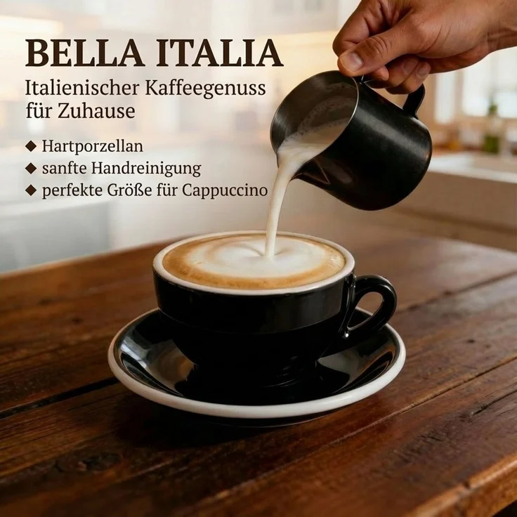 MUVELL Cappuccinotasse 6er Cappuccino-Set "Rimini" Tasse 200ml+Untertasse, schwarz, 6-tlg, Keramik, 200 ml Schwarz mit weißen Rand und Innenfläche – Bild 3