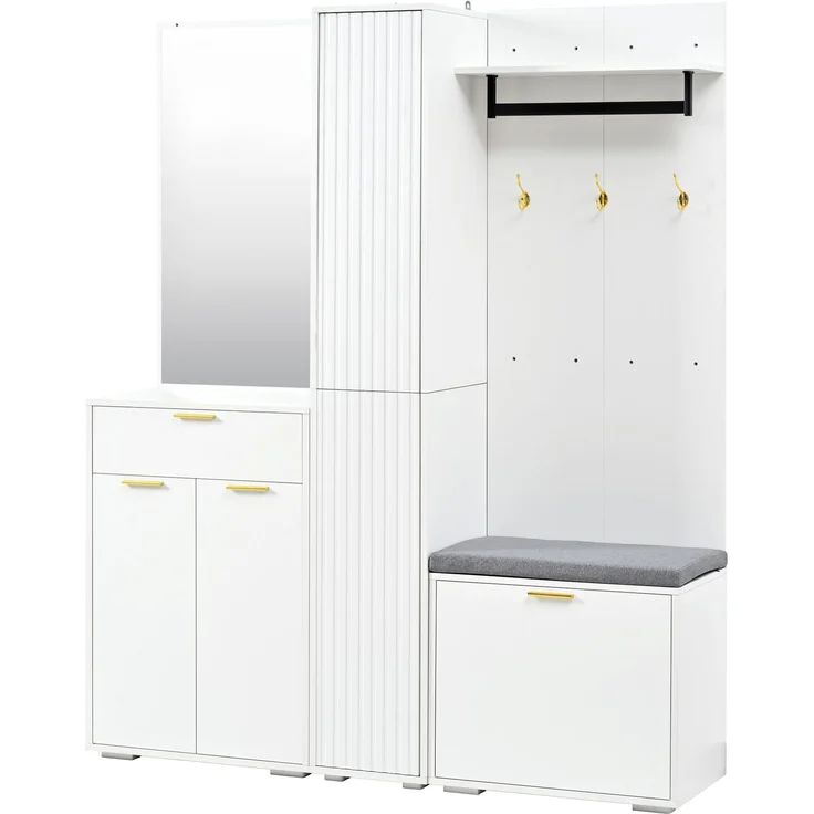Garderobenset mit Spiegel, Schuhkipper & Sitzbank, 150x36x180 cm, Weiß – Bild 4