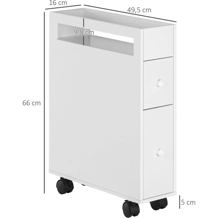 Wohnora-Nischenwagen Badschrank Rollschrank, schmales Design, zwei Schubladen, vier Räder, weiß, 16 x 49,5 x 66 cm,H 660cm x T 160cm x B 495cm – Bild 4