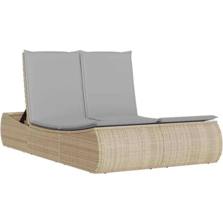 vidaXL Doppel-Sonnenliege mit verstellbarer Rückenlehne und abnehmbaren Kissenbezügen, Beige Poly Rattan