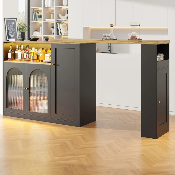 Um 360° drehbarer Bartisch (Hauptkörper: 198 x 39,6 x 97 cm), mattschwarzer Schrank mit Schreibtisch in Holzmaserung, mit Glasschranktür und LED-Licht, Sideboard, Weinschrank, Kaffeeecke--Schwarz--197x39.6x100cm--YOUDENOVA – Bild 4