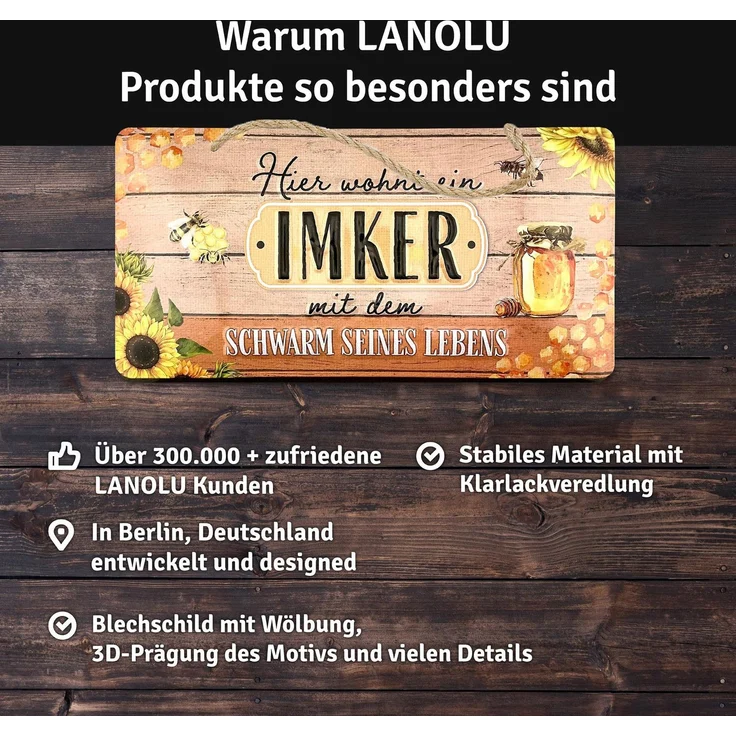 LANOLU Blechschild Hier wohnt ein Imker - 16x32cm – Metall – Mehrfarbig – 16111 – Bild 4